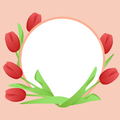 Light red background with red tulips and a circle in the middle