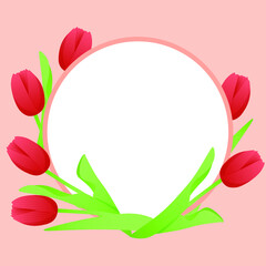 Light red background with red tulips and a circle in the middle