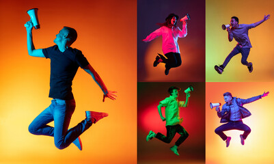 Collage with portraits of different multi ethnic male and female models jumping on multicolored background in neon light. Concept of emotions, sales, news, ad