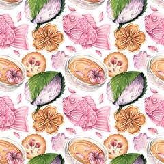 Watercolor illustration. Dessert with sakura, tea, cookies, Sakura mochi, taiyaki, biscuit cake, handmade, light  background, seamless pattern