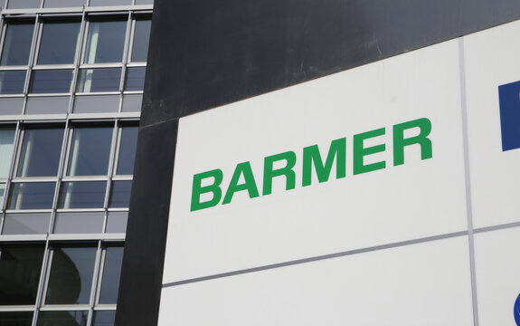D&uuml;sseldorf, Germany - March 9. 2022: View on sign with logo lettering of german health insurance company barmer at office entrance