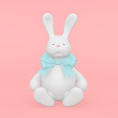 3d rendering illustration of big cute white rabbit with a bow on the neck. Modern trendy design.