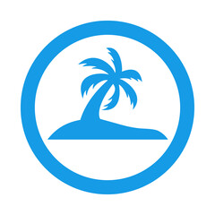 Fototapeta na wymiar Beach holidays. Destino de vacaciones. Icono plano silueta de isla con palmera en círculo color azul