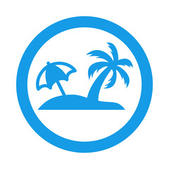 Fototapeta na wymiar Beach holidays. Destino de vacaciones. Icono plano silueta de isla con palmera y parasol en círculo color azul