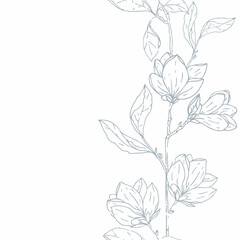 Vector Beautiful Delicate Magnolia Florals Lineart Border seamless pattern background. Perfect for fabric, scrapbooking and wallpaper projects.