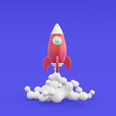 3d rendering illustration icon of flying rocket. Business startup concept. Modern trendy design. Blue and red colors. 