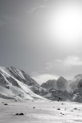 Pyrenees mountains in Andorra, Pas de la casa, snowed windy and cloudy