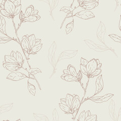 Vector Beautiful Delicate Magnolia Floral Branches in Warm Shades seamless pattern background. Perfect for fabric, scrapbooking and wallpaper projects.