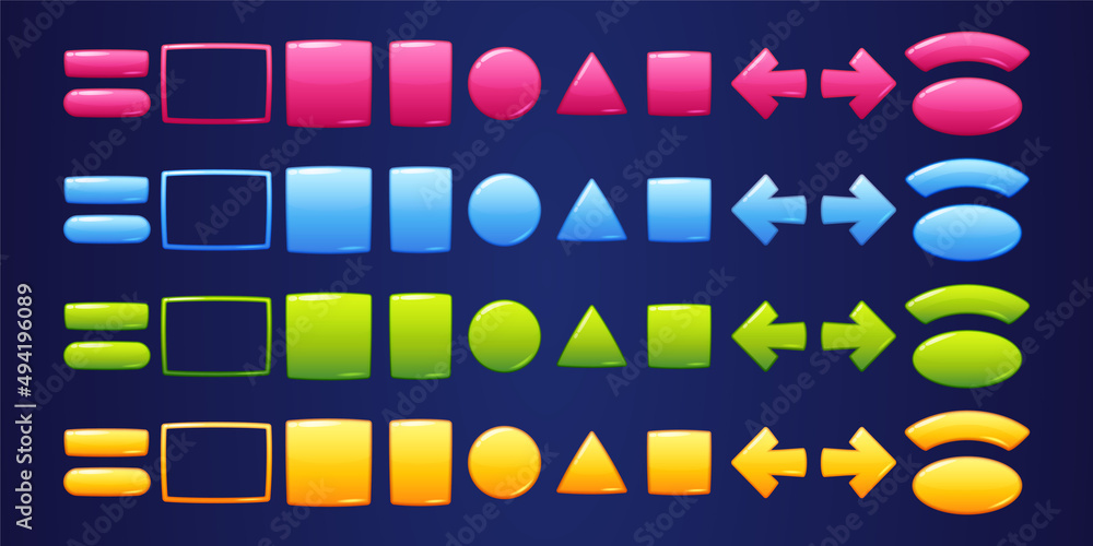 Poster glossy geometric buttons and frames for game or web user interface design. vector cartoon set of ui 