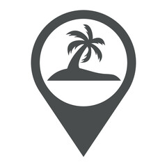 Beach holidays. Destino de vacaciones. Icono plano silueta de isla con palmera en puntero de posición color gris
