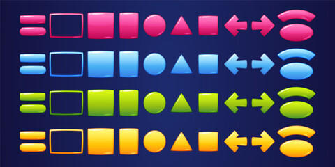 Glossy geometric buttons and frames for game or web user interface design. Vector cartoon set of ui elements different shapes, pink, yellow, blue and green buttons and empty borders
