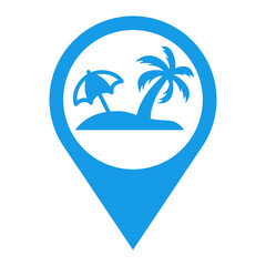 Beach holidays. Destino de vacaciones. Icono plano silueta de isla con palmera y parasol en puntero de posición color azul