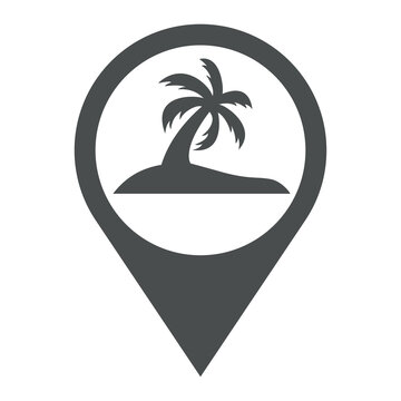 recommend clip art: Beach holidays. Destino de vacaciones. Icono plano silueta de isla con palmera en puntero de posición color gris