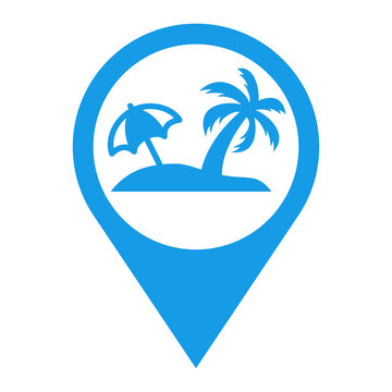 recommend clip art: Beach holidays. Destino de vacaciones. Icono plano silueta de isla con palmera y parasol en puntero de posición color azul