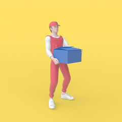 3d render illustration of courier with box. Modern trendy design. 