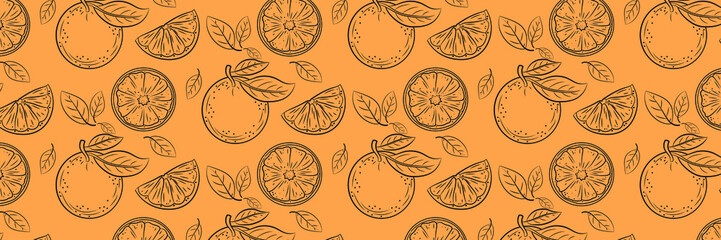 Beautiful background with oranges and leaves. Hand-drawn vector illustration of fruits.                        
 Vintage citrus design. For posters, prints, wallpapers.