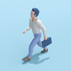 3d rendering illustration of business man goes to work with a briefcase. Modern trendy design. 
