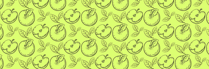 Fototapeta premium Beautiful background with apples and leaves. Hand-drawn vector illustration of fruits. Vintage citrus design. For posters, prints, wallpapers.