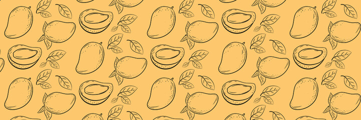 Beautiful background with mango and leaves.  Hand-drawn vector illustration of fruits.                              
 Vintage citrus design. For posters, prints, wallpapers.