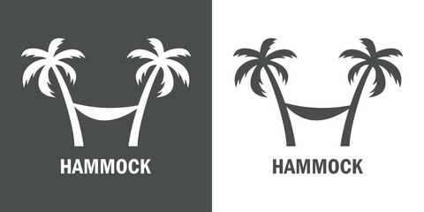Beach holidays. Destino de vacaciones. Logotipo con texto Hammock con silueta con 2 palmeras con hamaca en fondo gris y fondo blanco