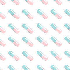 Seamless pattern with medical drugs, colorful pills, capsules and tablets. Wallpaper design with treatment elements, healthcare concept