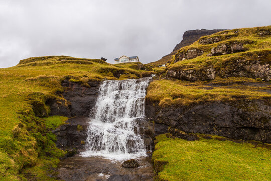 Building situated on the top of the mountain, Leynar, Faroe Islands.