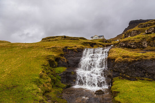 Building situated on the top of the mountain, Leynar, Faroe Islands.