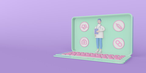 3d rendering concept illustration of online medicine. The patient receives a doctor's consultation through the telemedicine, laptop. Modern trendy design. Pastel colors