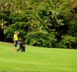 The player with a club in his hand, looks at the distance from the flag on a golf course, trying to...