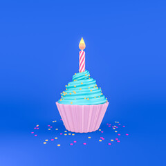 3d render illustration of pancake with a candle. Simple icon for web and app. Modern trendy design. Isolated on blue background.