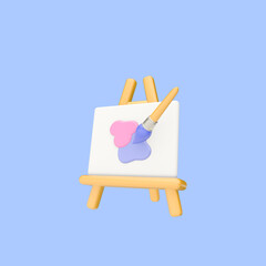 3d render illustration of easel, canvas with drawings and paints, brush. Simple icon for web and app. Modern trendy design. Isolated on blue background.