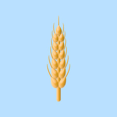 3d render illustration of ear of wheat. Simple icon for web and app. Modern trendy design. Isolated on blue background.