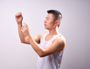 person with hands up