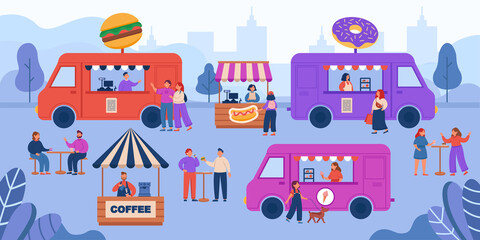 Street food trucks on city festival or fair. Crowds of people buying food from market vendors during event flat vector illustration. Summer, marketing, food, shopping, festival concept for banner