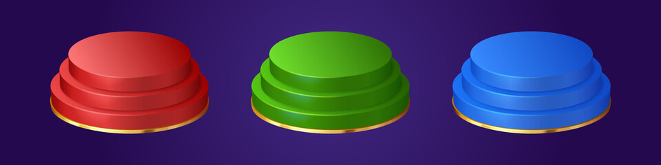 Round podiums, platforms with steps, stand for product in showcase. Vector realistic set of 3d circle stage, blue, green and red pedestals with golden decoration. Empty winner podiums