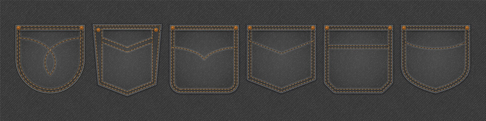 Black denim cloth texture with pockets with stitches and rivets. Vector realistic background of dark gray jean fabric with samples of different pockets for pants back - obrazy, fototapety, plakaty