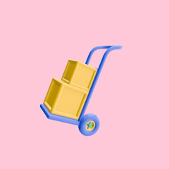 3d render illustration of trolley with boxes. Simple icon for web and app. Modern trendy design. Isolated on pink background.