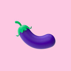 3d render illustration of eggplant. Modern trendy design. Simple icon for web and app. Isolated on pink background.