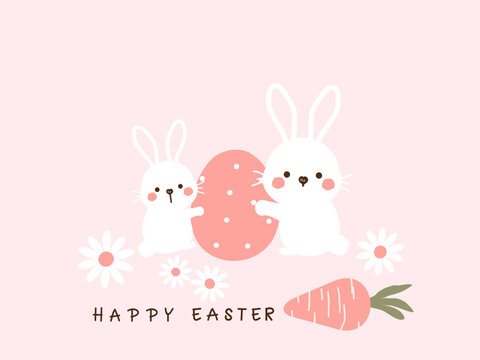 Seamless pattern with rabbits, daisy flower, Easter eggs, carrot on pink background vector.