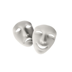 3d render illustration of theatrical masks, happy and sad face. Modern trendy design. Simple icon for web and app. Isolated on white background.