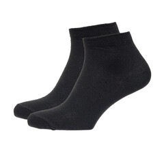 A pair of fabric socks stands on a white isolated background. Volumetric socks on a transparent mannequin. Black men's socks.