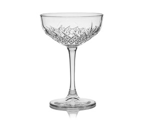 Empty transparent glass cup, shot glass, glass for wine, whiskey, cognac, martini, beer, juice and other drinks, isolated on white background. Dishes for bar, restaurant, pub.