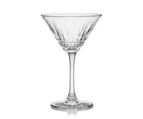 Empty transparent glass cup, shot glass, glass for wine, whiskey, cognac, martini, beer, juice and other drinks, isolated on white background. Dishes for bar, restaurant, pub.