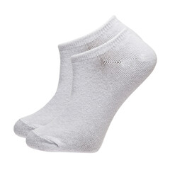 A pair of fabric socks stands on a white isolated background. Volumetric socks on a transparent mannequin. White socks.