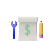 3d render illustration of construction estimate. pencil, screwdriver, sheet of paper with a dollar sign. Simple icon for app and web. Modern trendy design. Isolated on white background.