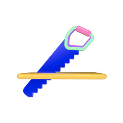 3d render illustration of hacksaw cuts the board. Simple icon for app and web. Modern trendy design. Isolated on white background.