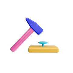 3d render illustration  of hammer drives a nail into the board. Simple icon for app and web. Modern trendy design. Isolated on white background.