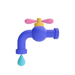 3d render illustration of faucet with water. Ecology theme. Modern trendy design. Simple icon for web and app. Isolated on white background.