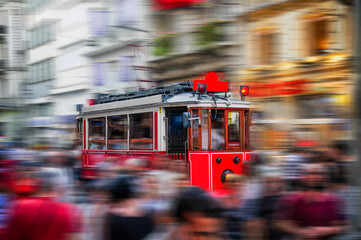 Nostalgic tram in Beyoğlu, the historical district of Istanbul.