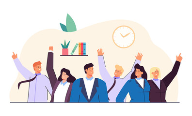 Portrait of team of happy professional employees. Cartoon office workers in corporate clothes, group of colleagues at work together flat vector illustration. Career, teamwork, startup concept